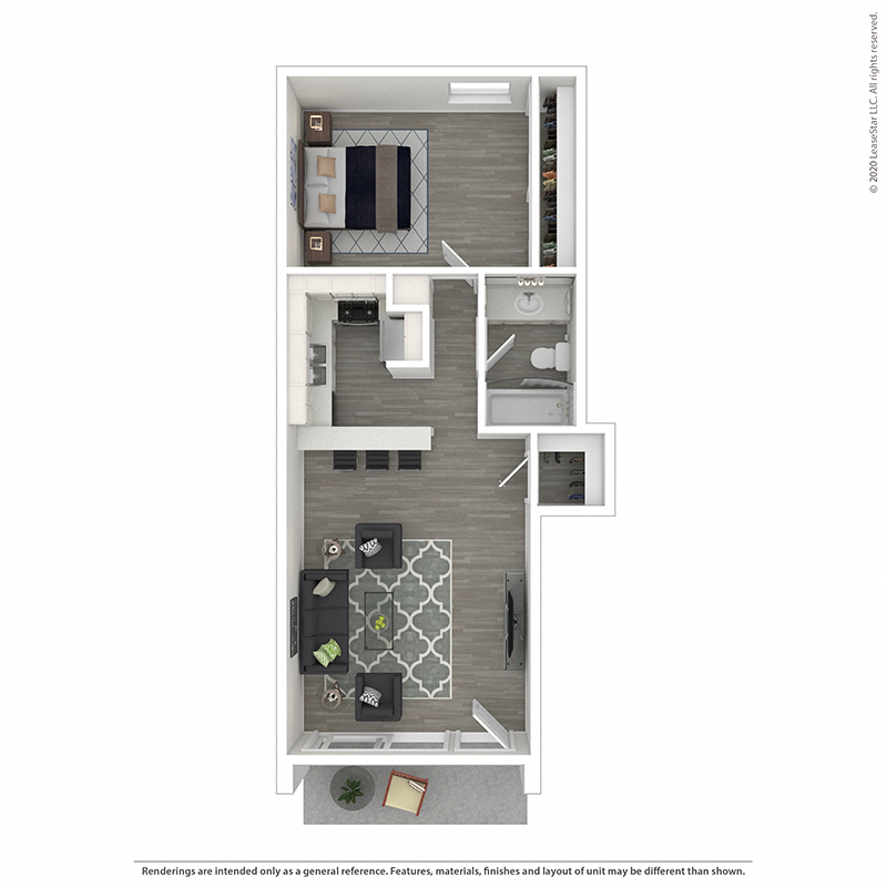 Floor plan for 1 bed, 1 bath, 670 sqft